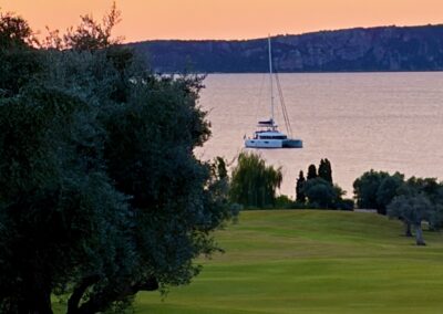 Lagoon 52F catamaran sunset golf coast greece – Stay Salty Sailing, private crewed catamaran charter