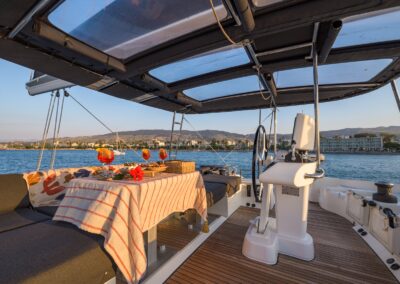 Lagoon 52F flybridge aperitivo Kos – Stay Salty Sailing, private crewed catamaran charter