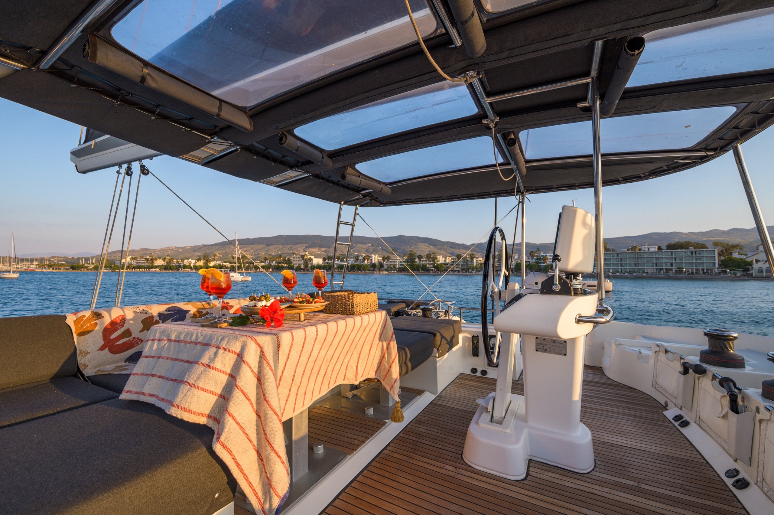 Lagoon 52F flybridge aperitivo Kos – Stay Salty Sailing, private crewed catamaran charter Lagoon 52F flybridge aperitivo Kos – Stay Salty Sailing, private crewed catamaran charter