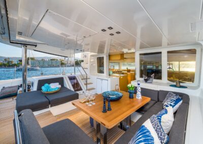 Lagoon 52F cockpit lounge dining Kos – Stay Salty Sailing, private crewed catamaran charter