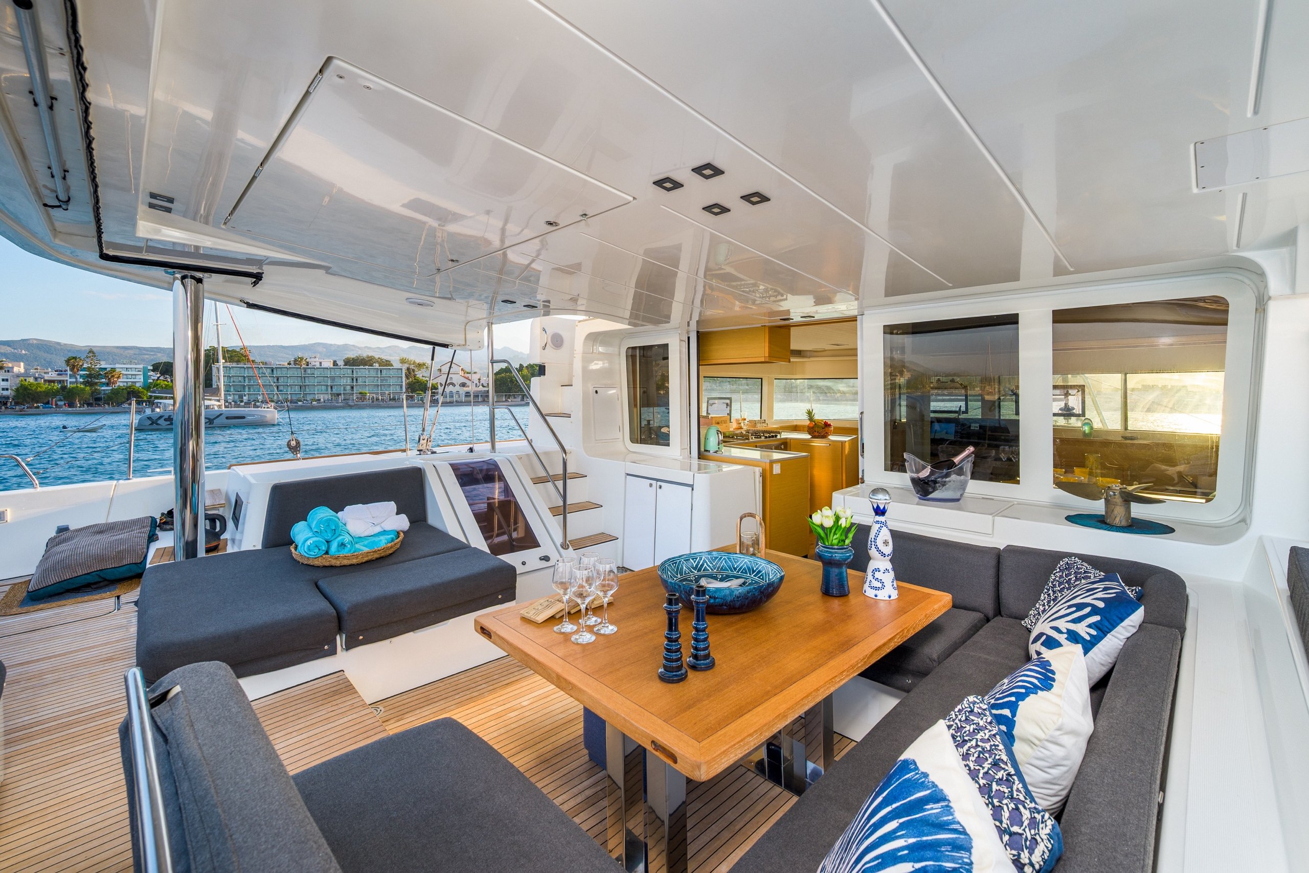 Lagoon 52F cockpit lounge dining Kos – Stay Salty Sailing, private crewed catamaran charter Lagoon 52F cockpit lounge dining Kos – Stay Salty Sailing, private crewed catamaran charter