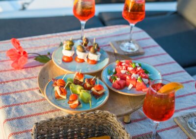 Aperitivo greek mezze on deck – Stay Salty Sailing, private crewed catamaran charter