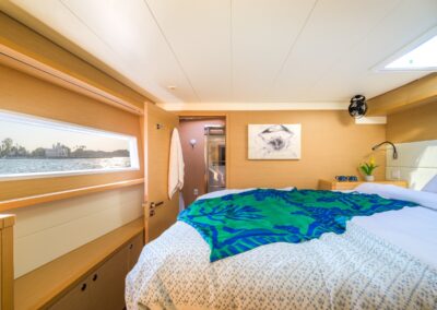Lagoon 52F guest cabin window Kos castle – Stay Salty Sailing, private crewed catamaran charter